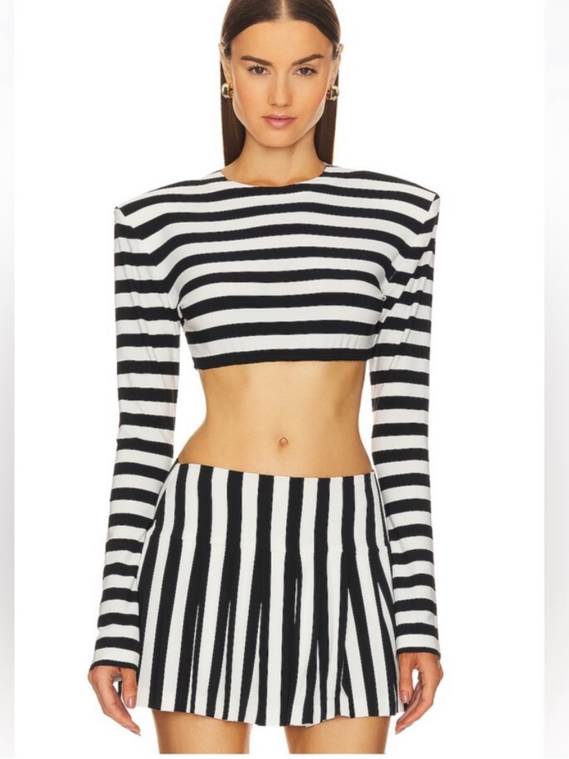 Norma Kamali Cropped Shoulder Pad Long Sleeve Crew Top + Pleated Micro Skirt